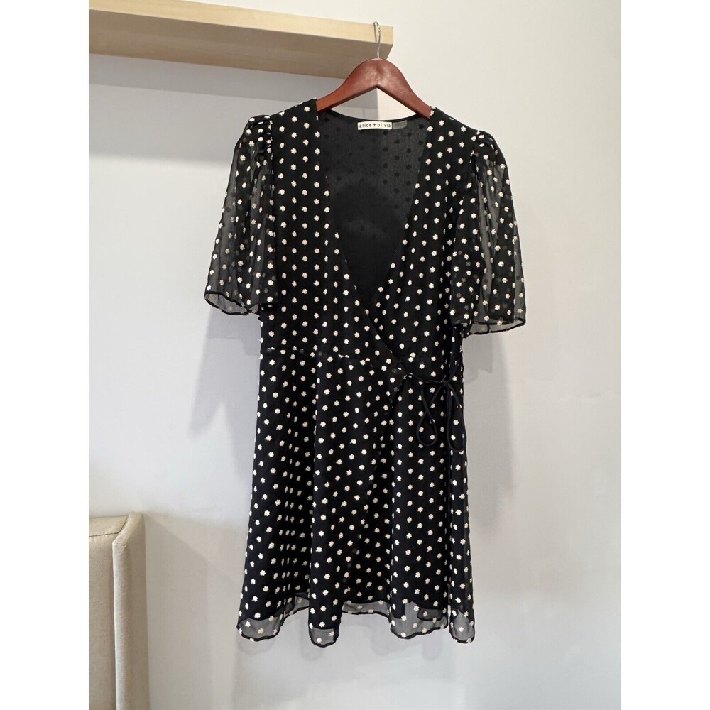 Alice + Olivia Dress Size 6 Womens Black Floral Embroidered Wrap Mini Chiffon